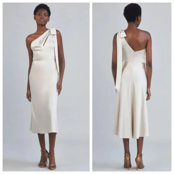 Amsale Dresses | Nwt Amsale Champagne Satin Fluid One Shoulder Bow Cut Out Keyhole Midi Dress | Color: Cream/Tan | Size: 8 | Goldandmarble's Closet